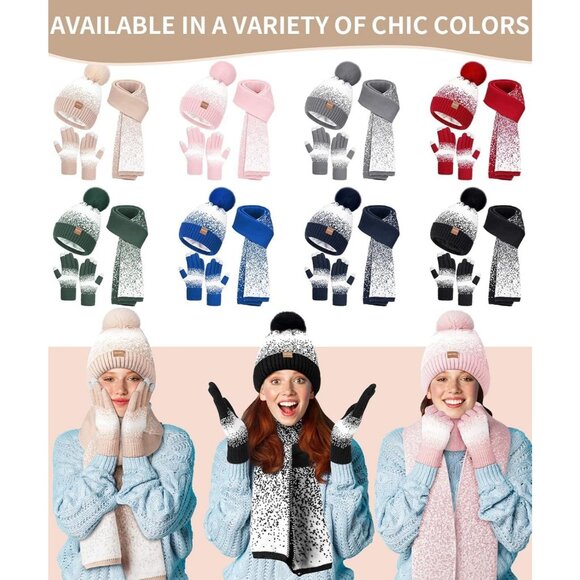 Women's Black White Winter Beanie Hat Scarf Gloves Set Pom Warm Christmas Gift - Picture 6 of 7
